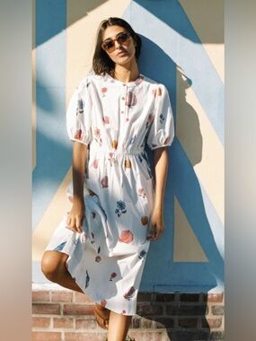 Ciao Lucia! Beatriz Dress Shell Print Cotton Midi NWT Puff Sleeve Size Large